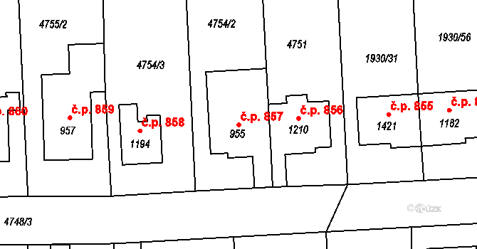Hrušovany nad Jevišovkou 857 na parcele st. 955 v KÚ Hrušovany nad Jevišovkou, Katastrální mapa