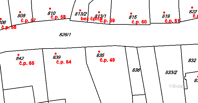 Oleksovice 49 na parcele st. 835 v KÚ Oleksovice, Katastrální mapa