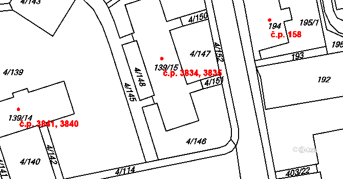 Mšeno nad Nisou 3834,3835, Jablonec nad Nisou na parcele st. 139/15 v KÚ Mšeno nad Nisou, Katastrální mapa