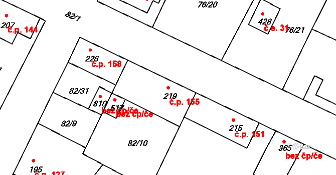 Lázně Toušeň 155 na parcele st. 219 v KÚ Lázně Toušeň, Katastrální mapa