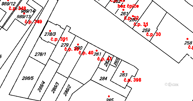 Šaratice 41 na parcele st. 281 v KÚ Šaratice, Katastrální mapa