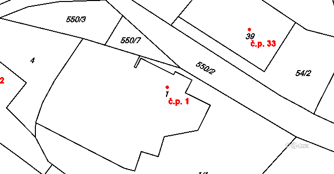 Chroustov 1, Úhlejov na parcele st. 1 v KÚ Chroustov u Miletína, Katastrální mapa