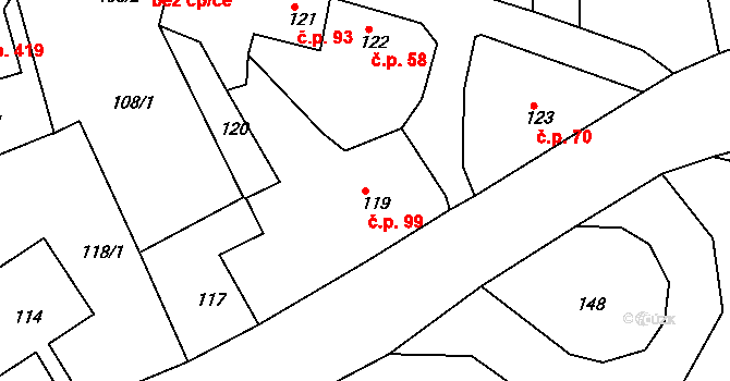 Chlumec 99 na parcele st. 119 v KÚ Chlumec u Chabařovic, Katastrální mapa