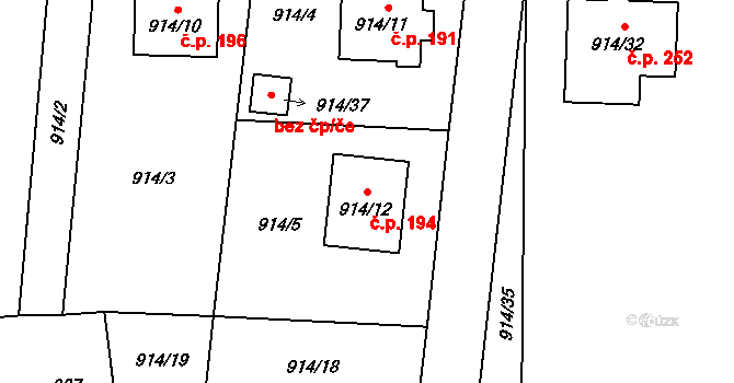 Chlebovice 194, Frýdek-Místek na parcele st. 914/12 v KÚ Chlebovice, Katastrální mapa