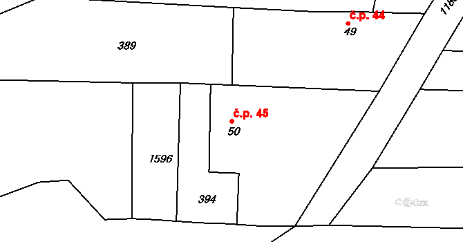 Loužná 45, Myslív na parcele st. 50 v KÚ Loužná, Katastrální mapa
