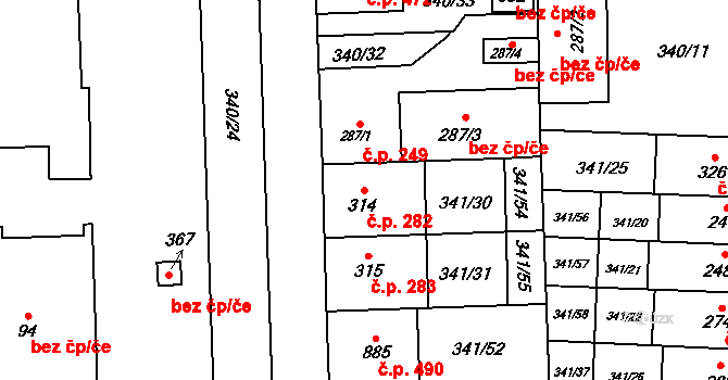 Povel 282, Olomouc na parcele st. 314 v KÚ Povel, Katastrální mapa