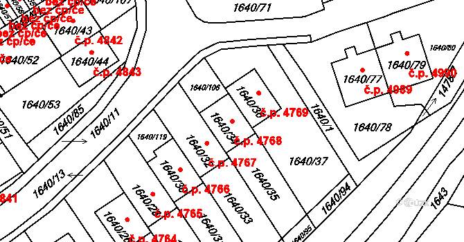 Chomutov 4768 na parcele st. 1640/34 v KÚ Chomutov I, Katastrální mapa
