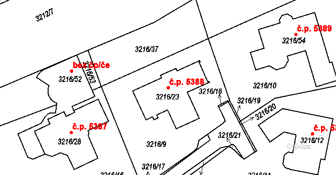 Chomutov 5388 na parcele st. 3216/23 v KÚ Chomutov II, Katastrální mapa