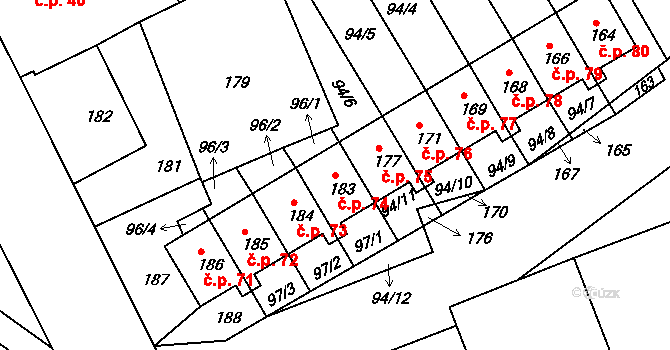 Jílové 74, Hodkovice nad Mohelkou na parcele st. 183 v KÚ Jílové u Hodkovic nad Mohelkou, Katastrální mapa
