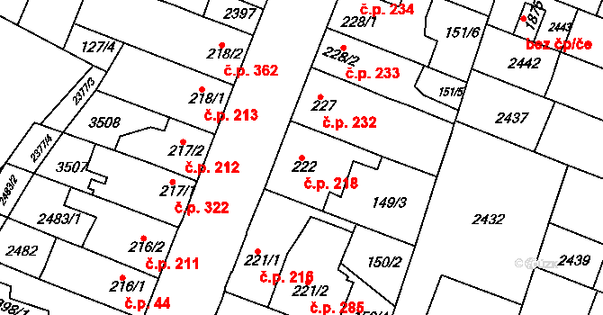 Rosice 218 na parcele st. 222 v KÚ Rosice u Brna, Katastrální mapa