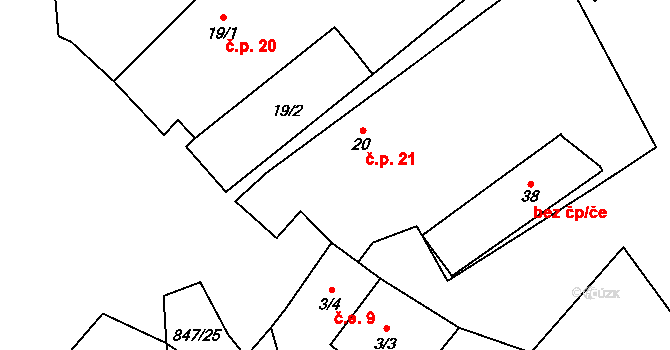 Kalovice 21, Úštěk na parcele st. 20 v KÚ Kalovice, Katastrální mapa