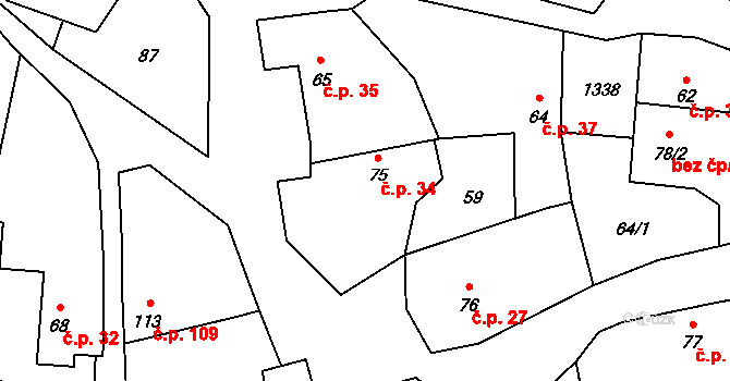 Krpy 34, Kropáčova Vrutice na parcele st. 75 v KÚ Krpy, Katastrální mapa