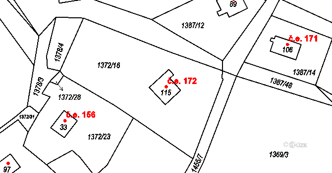 Lažany 172, Černošín na parcele st. 115 v KÚ Lažany u Černošína, Katastrální mapa