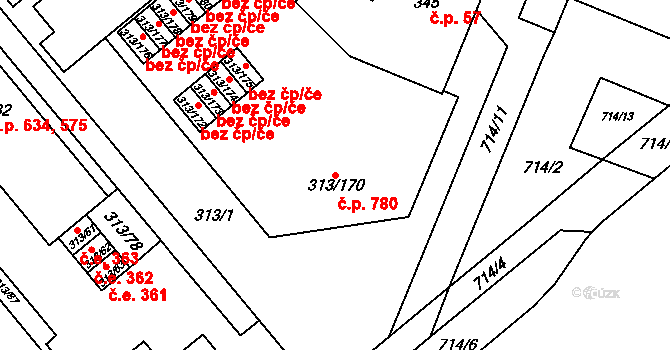 Vyškov-Předměstí 780, Vyškov na parcele st. 313/170 v KÚ Vyškov, Katastrální mapa