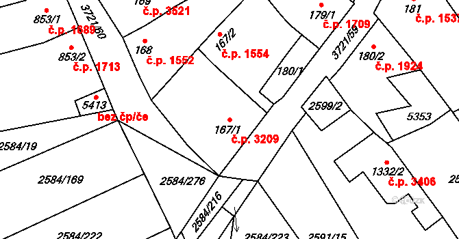 Břeclav 3209 na parcele st. 167/1 v KÚ Břeclav, Katastrální mapa