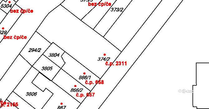 Břeclav 2311 na parcele st. 374/2 v KÚ Břeclav, Katastrální mapa