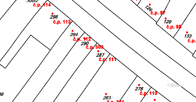 Hluk 111 na parcele st. 287 v KÚ Hluk, Katastrální mapa