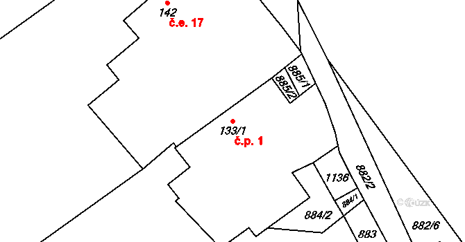 Podmokly 1 na parcele st. 133/1 v KÚ Podmokly nad Berounkou, Katastrální mapa
