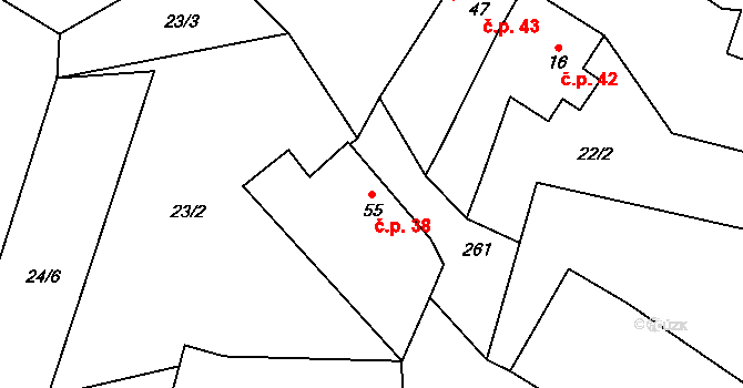 Neznášov 38, Rožnov na parcele st. 55 v KÚ Neznášov, Katastrální mapa