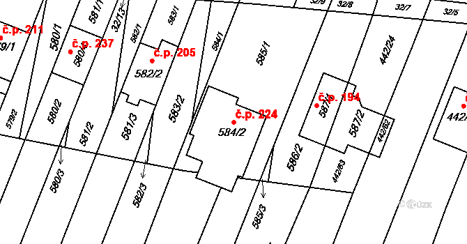 Unkovice 224 na parcele st. 584/2 v KÚ Unkovice, Katastrální mapa