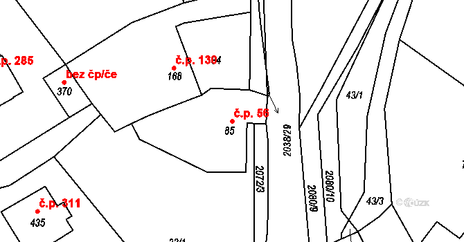 Merklín 56 na parcele st. 85 v KÚ Merklín u Přeštic, Katastrální mapa