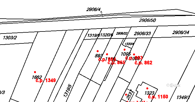 Bystřice pod Hostýnem 864 na parcele st. 893 v KÚ Bystřice pod Hostýnem, Katastrální mapa