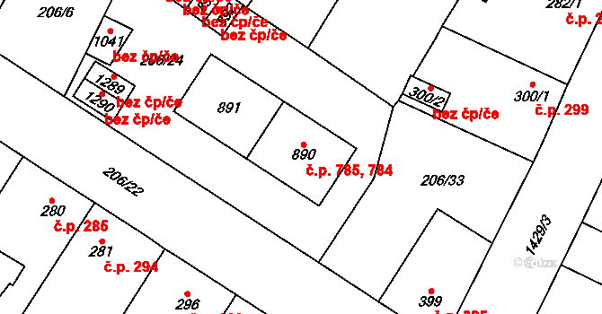 Starý Plzenec 784,785 na parcele st. 890 v KÚ Starý Plzenec, Katastrální mapa