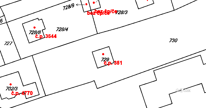 Mšeno nad Nisou 351, Jablonec nad Nisou na parcele st. 729 v KÚ Mšeno nad Nisou, Katastrální mapa