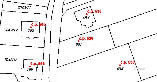 Dambořice 526 na parcele st. 607 v KÚ Dambořice, Katastrální mapa