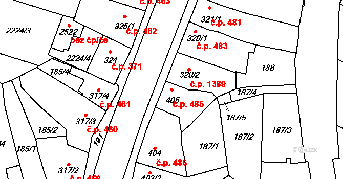Kyjov 485 na parcele st. 405 v KÚ Kyjov, Katastrální mapa