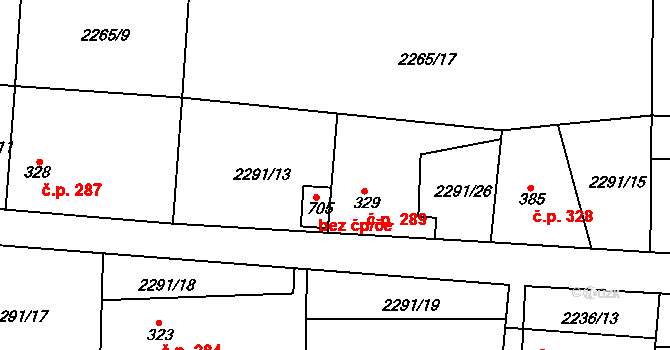 Hudlice 289 na parcele st. 329 v KÚ Hudlice, Katastrální mapa