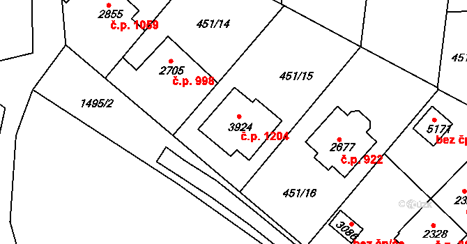 Horka-Domky 1204, Třebíč na parcele st. 3924 v KÚ Třebíč, Katastrální mapa