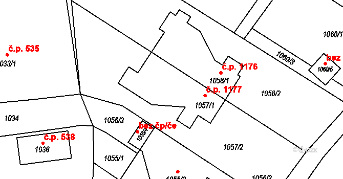 Šenov 1177 na parcele st. 1057/1 v KÚ Šenov u Ostravy, Katastrální mapa