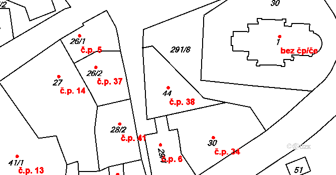 Zibohlavy 38, Kolín na parcele st. 44 v KÚ Zibohlavy, Katastrální mapa