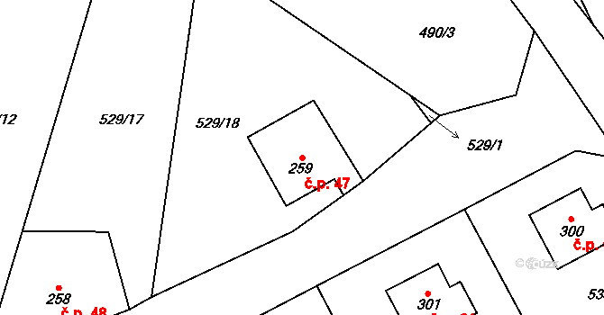 Tihava 47, Kotopeky na parcele st. 259 v KÚ Kotopeky, Katastrální mapa