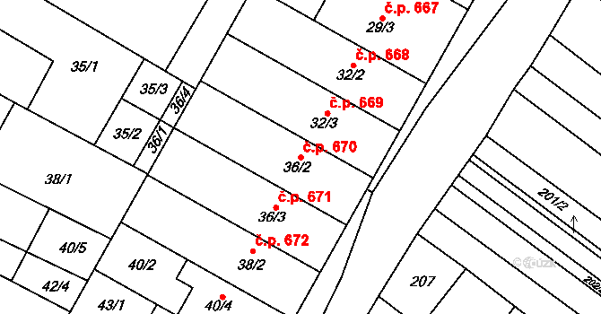 Mikulčice 670 na parcele st. 36/2 v KÚ Mikulčice, Katastrální mapa