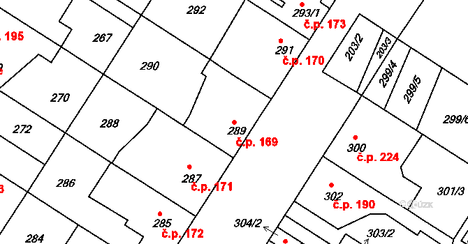 Křimice 169, Plzeň na parcele st. 289 v KÚ Křimice, Katastrální mapa