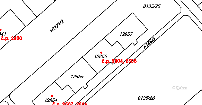 Jižní Předměstí 2504,2505, Plzeň na parcele st. 12857 v KÚ Plzeň, Katastrální mapa