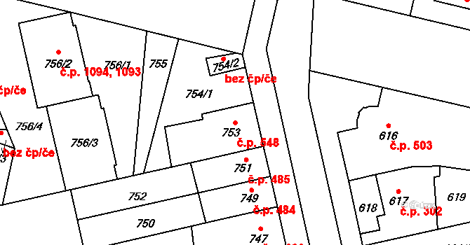 Lobzy 548, Plzeň na parcele st. 753 v KÚ Lobzy, Katastrální mapa