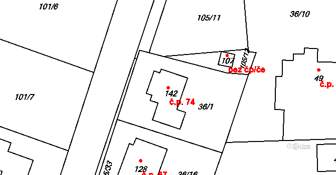 Černá u Bohdanče 74 na parcele st. 142 v KÚ Černá u Bohdanče, Katastrální mapa