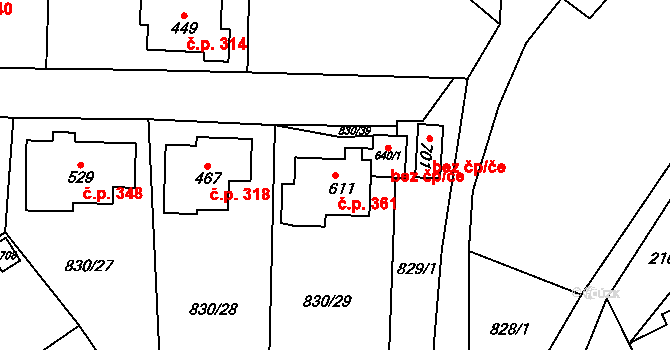Dlouhá Třebová 361 na parcele st. 611 v KÚ Dlouhá Třebová, Katastrální mapa