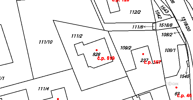 Kudlov 519, Zlín na parcele st. 828 v KÚ Kudlov, Katastrální mapa
