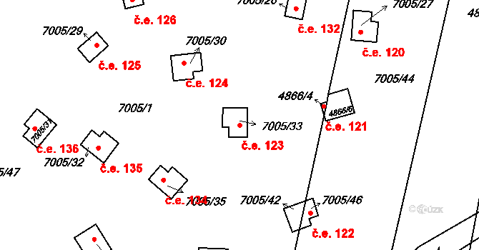 Podlesí 123, Holice na parcele st. 7005/33 v KÚ Holice v Čechách, Katastrální mapa