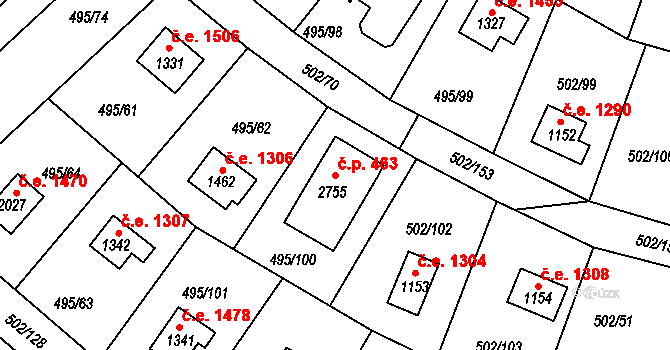 Hradištko 463 na parcele st. 2755 v KÚ Hradištko pod Medníkem, Katastrální mapa