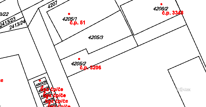 Teplice 3206 na parcele st. 4205/2 v KÚ Teplice, Katastrální mapa