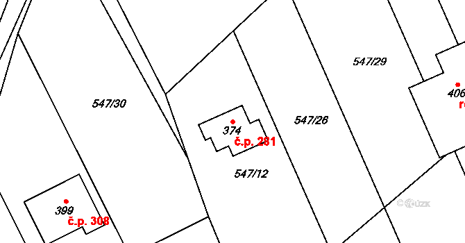 Unčín 281, Krupka na parcele st. 374 v KÚ Unčín u Krupky, Katastrální mapa