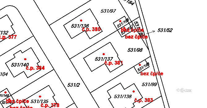 Šeberov 381, Praha na parcele st. 531/137 v KÚ Šeberov, Katastrální mapa