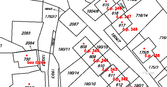 Ryžoviště 345 na parcele st. 608 v KÚ Ryžoviště, Katastrální mapa