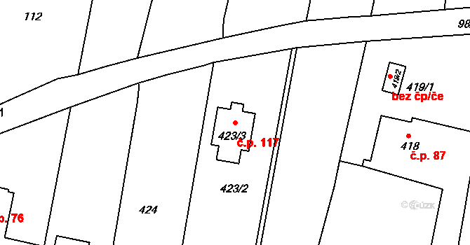 Mladkov 117, Boskovice na parcele st. 423/3 v KÚ Mladkov u Boskovic, Katastrální mapa
