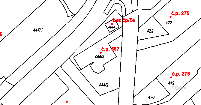 Krásné Pole 567, Ostrava na parcele st. 444/3 v KÚ Krásné Pole, Katastrální mapa